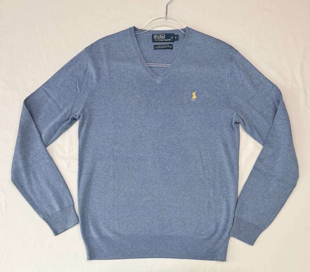 Polo Ralph Lauren Pima Cotton V Neck Sweater Blue Mens Small Yellow Pony